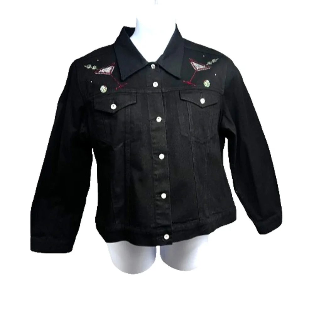 Christine Alexander Embellished Black Denim Bling Button Up Jacket XL Cocktails - Picture 2 of 9